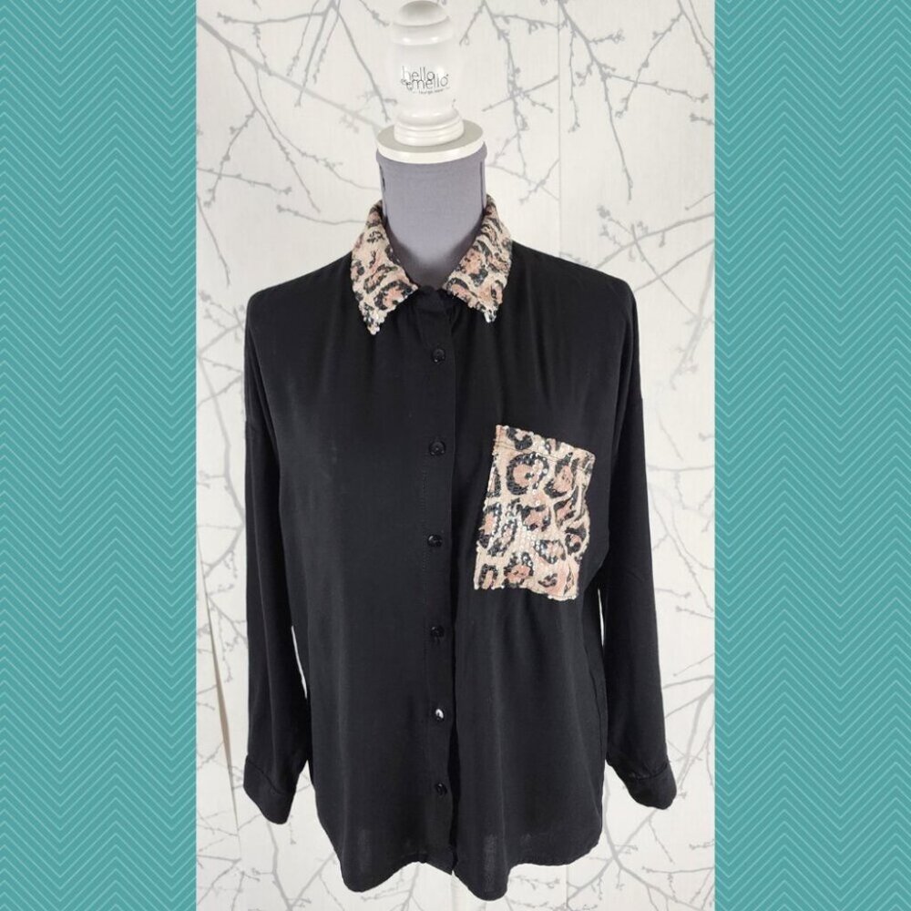 Milan Kiss Sequin Leopard Print Panel Button Front Shirt Mob Wife